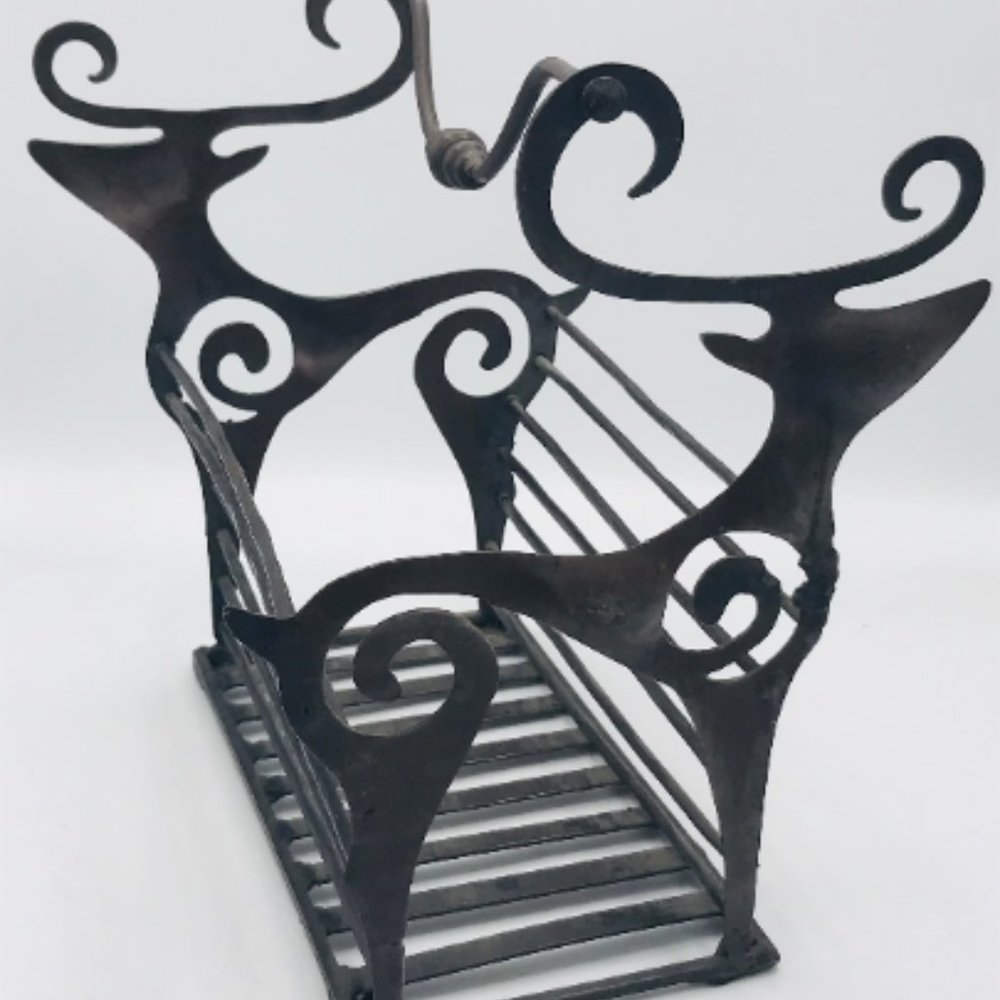 Vintage Iron Metal Basket Napkin or Mail Holder Christmas Reindeer Cabin Décor